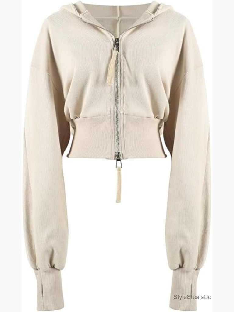 Cropped Zip Up Hoodie Long Sleeve Loose Fit Lightweight Stretchy Workout Casual